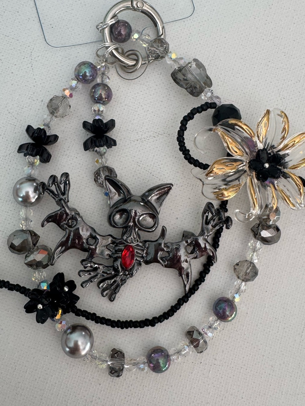 Gothic Cat Skull Phone Charm with Black, Silver & Gold Floral Accent